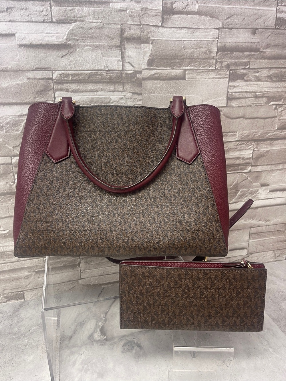 Michael Kors Kimberly Brown/Red Large Satchel & Matching Wallet Merlot Multi - Picture 3 of 14